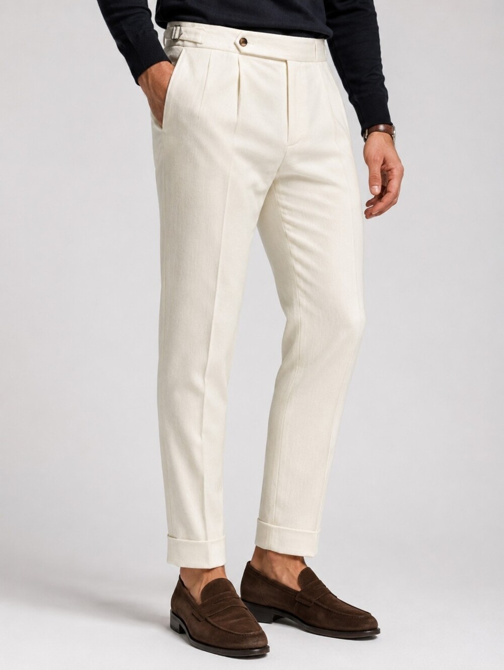 SuitSupply Braddon Pure Cotton Twill Pleated Trousers Side Adjuster Ivory 34x31